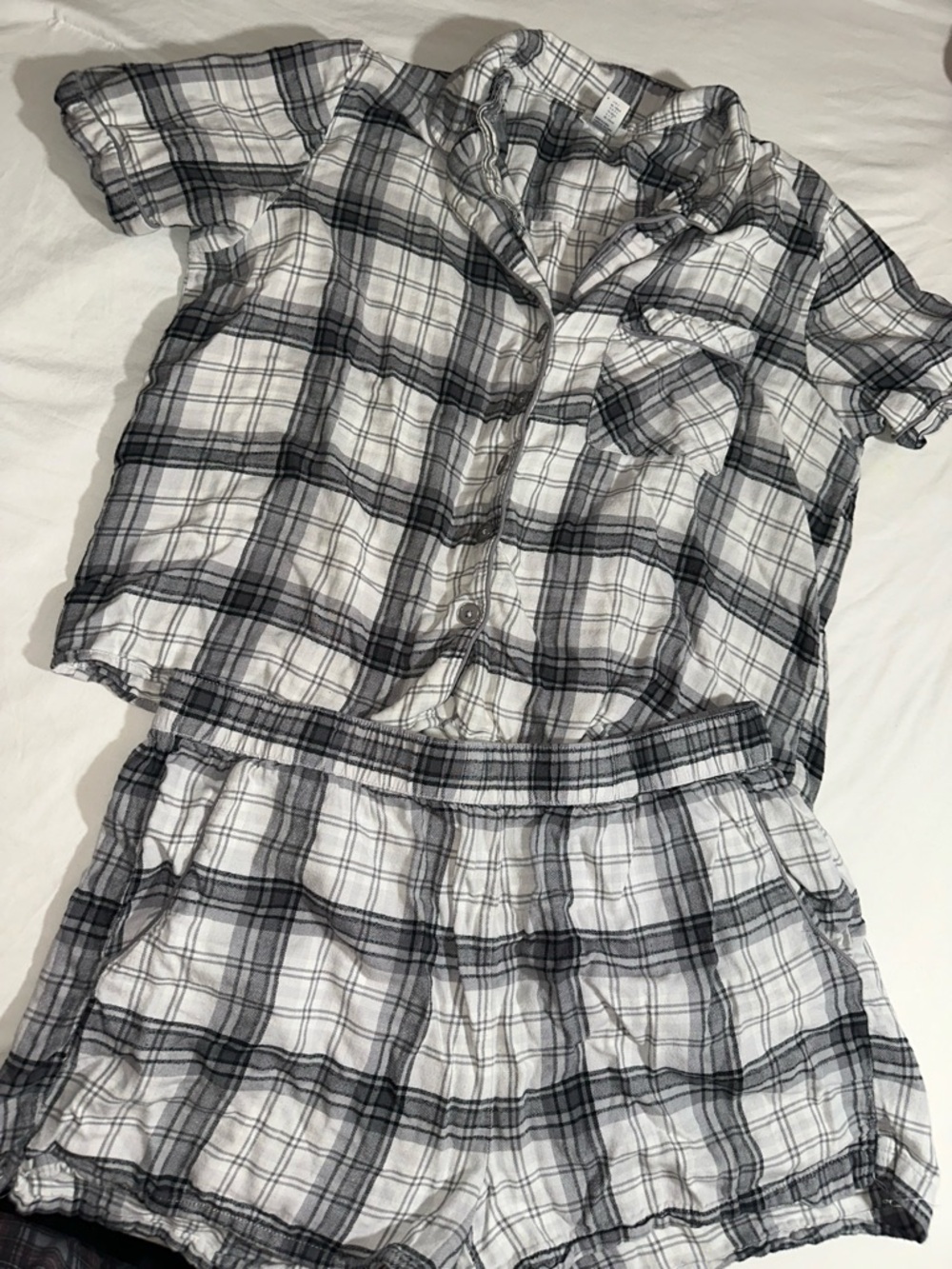 Forever 21 Gray/White Plaid Short Sleeve Top & Shorts Pajama Set